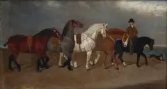 British Primitive School, A String of Shire Horses, 1870, oil on canvas