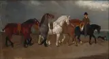 British Primitive School, A String of Shire Horses, 1870, oil on canvas