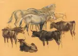 John Skeaping, Round the Water Hole, pastel on card