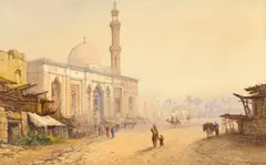 Frank Catano, Mosque of Sayyida Zainab, Cairo, Egypt, watercolour and bodycolour on card laid down on board