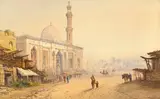 Frank Catano, Mosque of Sayyida Zainab, Cairo, Egypt, watercolour and bodycolour on card laid down on board