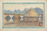 Moses Tladi, Painted Hut in Courtyard, coloured pencil on card