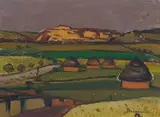 Pranas Domšaitis, Huts in Landscape, recto-verso, oil on board