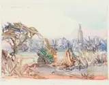 Durant Sihlali, Sunset Kruger Park, monotype on paper