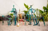 Déléstage, five by Beau Disundi Nzazi, 2019, bronze with a blue and brown patina, codfish cardboard and found objects, sold Feb 2024