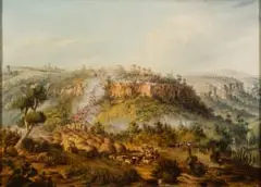 Thomas Baines, Attack on Stock’s Kraal in the Fish River Bush 1852, oil on canvas