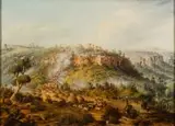 Thomas Baines, Attack on Stock’s Kraal in the Fish River Bush 1852, oil on canvas