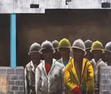 Sam Nhlengethwa, The Exit, mixed media on canvas