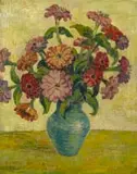 Gregoire Boonzaier, Zinnias in a Blue Vase