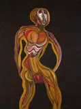 Cecil Skotnes, Standing Figure, painted, carved and incised wood panel
