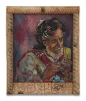 Irma Stern, Praying Arab, oil on canvas in an original hand-carved Zanzibar wooden frame