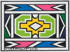 Esther Mahlangu, Untitled (Ndebele Design with Green), acrylic on canvas laid down on board
