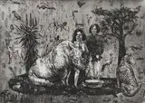 Diane Victor, Endangered Liaisons - The Lady and the Rhino, etching and chine collé on paper