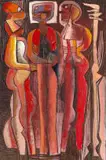 Cecil Skotnes, Three Figures, painted, carved and incised wood panel