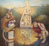 Hardy Botha, Totem with Monkey, Giraffe and Figure, oil on canvas
