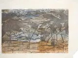 Fever Trees by Alice Goldin, woodblock print on tissue paper, sold Sep 2023