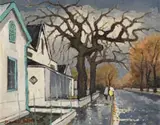 David Botha, Two Figures Walking, Paarl Street, oil on canvas laid down on board