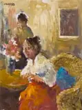 Alexander Rose-Innes, Interior with Seated Woman, oil on canvas laid down on board
