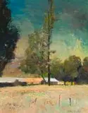 Outbuildings with Poplar Trees by Errol Boyley, oil on board, sold Sep 2023