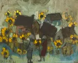 Houses and Yellow Sunflowers by Frans Claerhout, oil on board, sold Sep 2023