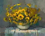 Wessel Marais, Yellow Daisies in a Vase, oil on canvas laid down on board
