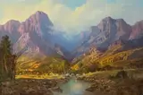 River in a Mountainous Landscape by Gabriel de Jongh, oil on canvas, sold Sep 2023