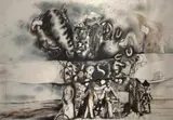 Giulio Tambellini, Abstract Composition with Figures, mixed media on paper