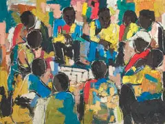 Eli Kobeli, Seated Figures, oil on board