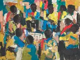 Eli Kobeli, Seated Figures, oil on board