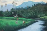 Martin Koch, Geese Over a Waterway, oil on canvas laid down on board