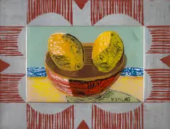 Still Life with Two Lemons in a Red Bowl by Nicolaas Maritz, reverse painting on glass in the artist's hand-painted frame, sold Sep 2023