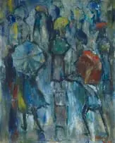 Jack Lugg, Figures Walking in the Rain, oil on canvas laid down on board