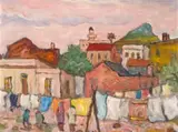 Kenneth Baker, District Six with Lion’s Head and Mosque in the Distance, oil on board
