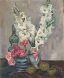 Florence Zerffi, Still Life with Apples, Gladioli and Roses, oil on board