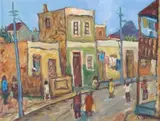 Kenneth Baker, Street Scene with Lion's Head, oil on board