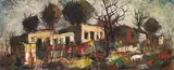 George Enslin, Township Scene with Figures and Dog, oil on canvas