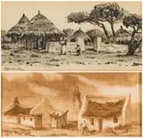 Otto Klar, Landscape with Figure and Huts; Figure Beside a Cottage, two, charcoal on paper