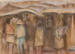 Joe Maseko, Village Scene, watercolour and pastel on paper