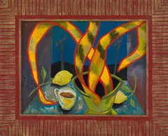 Nicolaas Maritz, Still Life with Mother-In-Law's Tongue, Coffee and Lemon, oil on board, in the artist's hand-painted frame