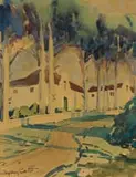 Sydney Carter, View of Gabled Buildings, watercolour on artist's board