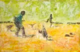 Lonwabo Kilani, The Soccer Match, mixed media on card laid down on board