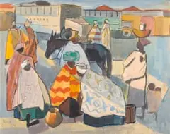 Alfred Krenz, Market, gouache on paper laid down on board
