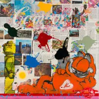Garfield by Fringe, collage and oil on canvas, offered Jul 2023