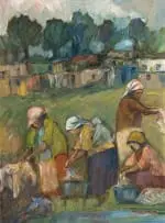 Washerwomen by a Stream by Amos Langdown, oil on canvas laid down on board, sold Jul 2023