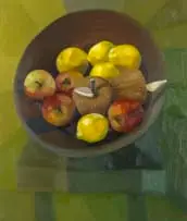 Cathy Layzell, Apple and Lemons on Green, oil on board