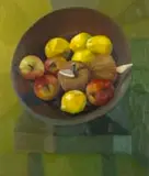 Cathy Layzell, Apple and Lemons on Green, oil on board
