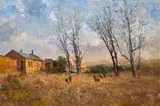 Errol Boyley, Farmhouse and Workers in a Landscape, oil on board