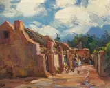 Street Scene with Cottages, Worcester by Hugo Naude, oil on panel, offered Jul 2023