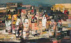 Jan Dingemans, Abstract Composition with Figures, oil on board
