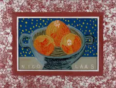 Still Life with Oranges in a Colander by Nicolaas Maritz, reverse painting on glass in the artist's hand-painted frame, sold Jul 2023